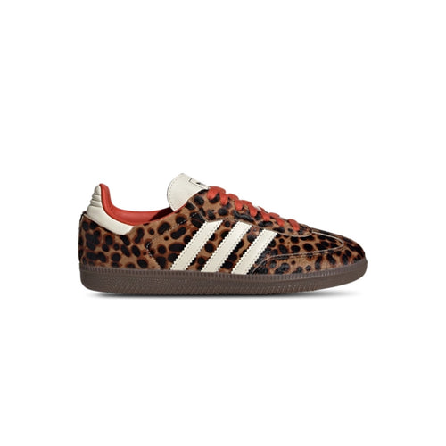 Leopard print sneaker with white stripes on a white background