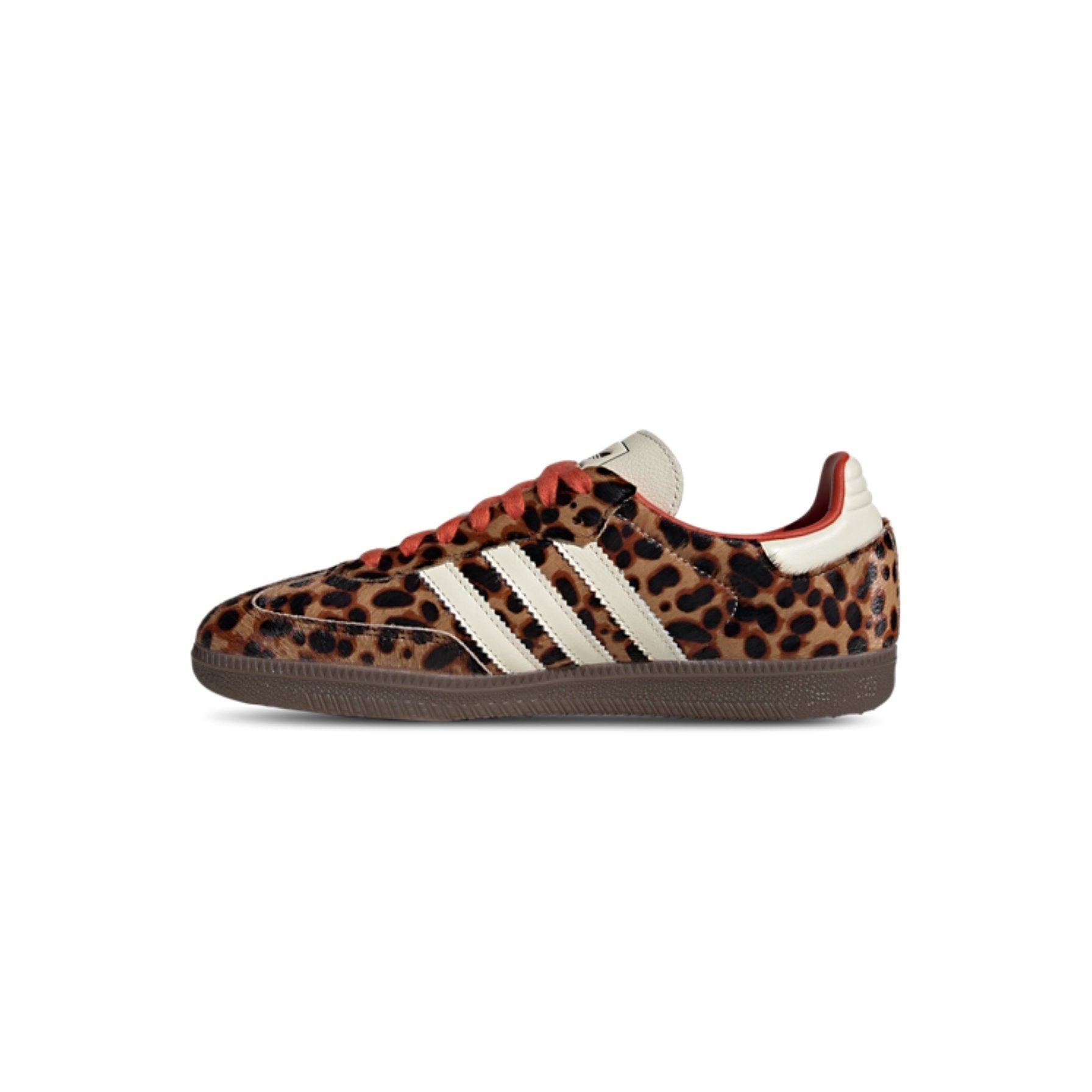 Leopard print sneaker with three white stripes on a white background