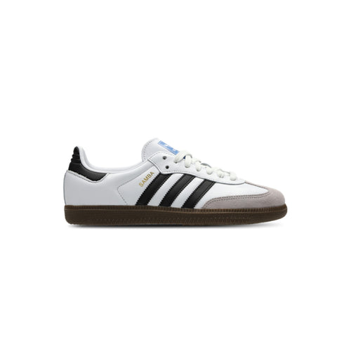 White sneaker with black stripes on a white background