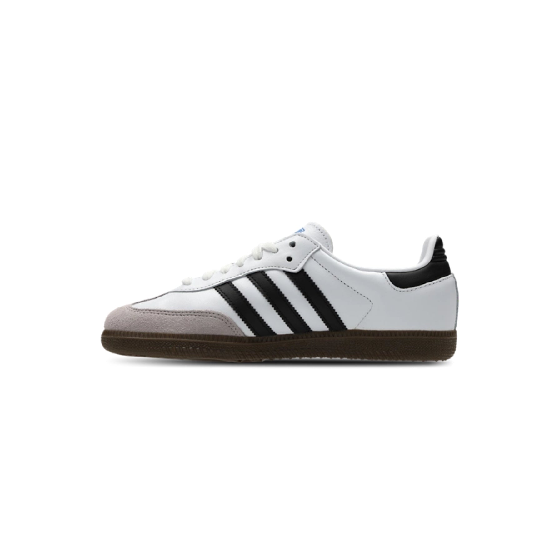 White sneaker with black stripes on a white background