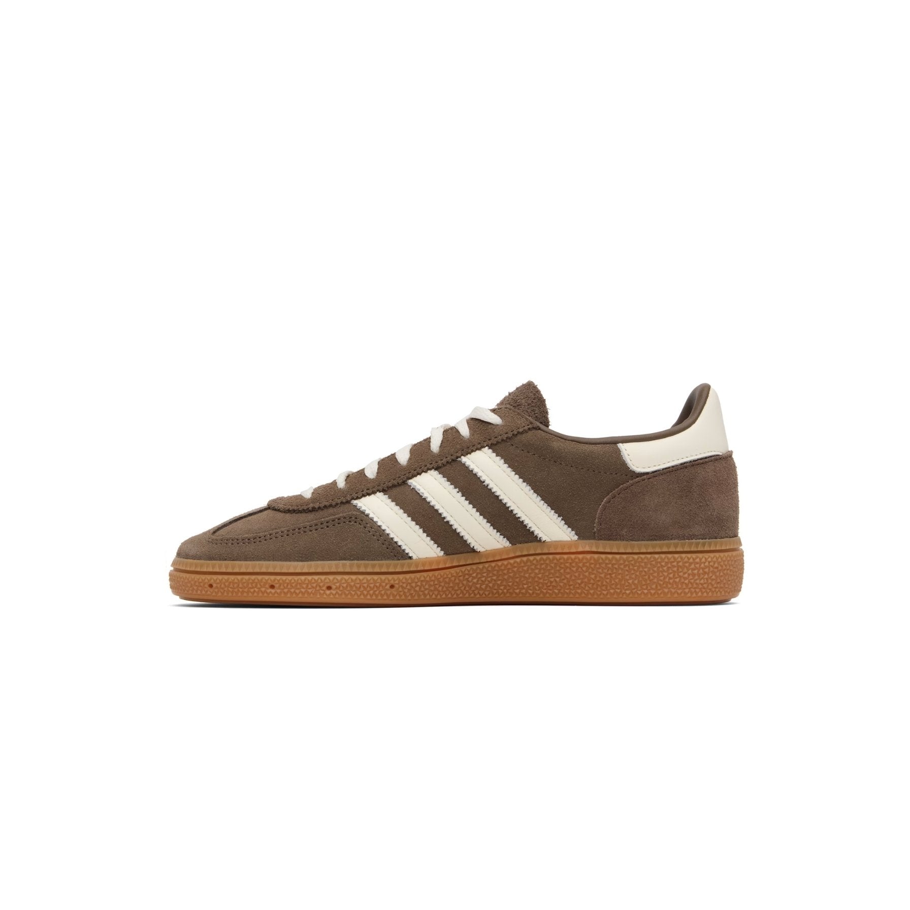 Brown Adidas sneaker with white stripes on a white background