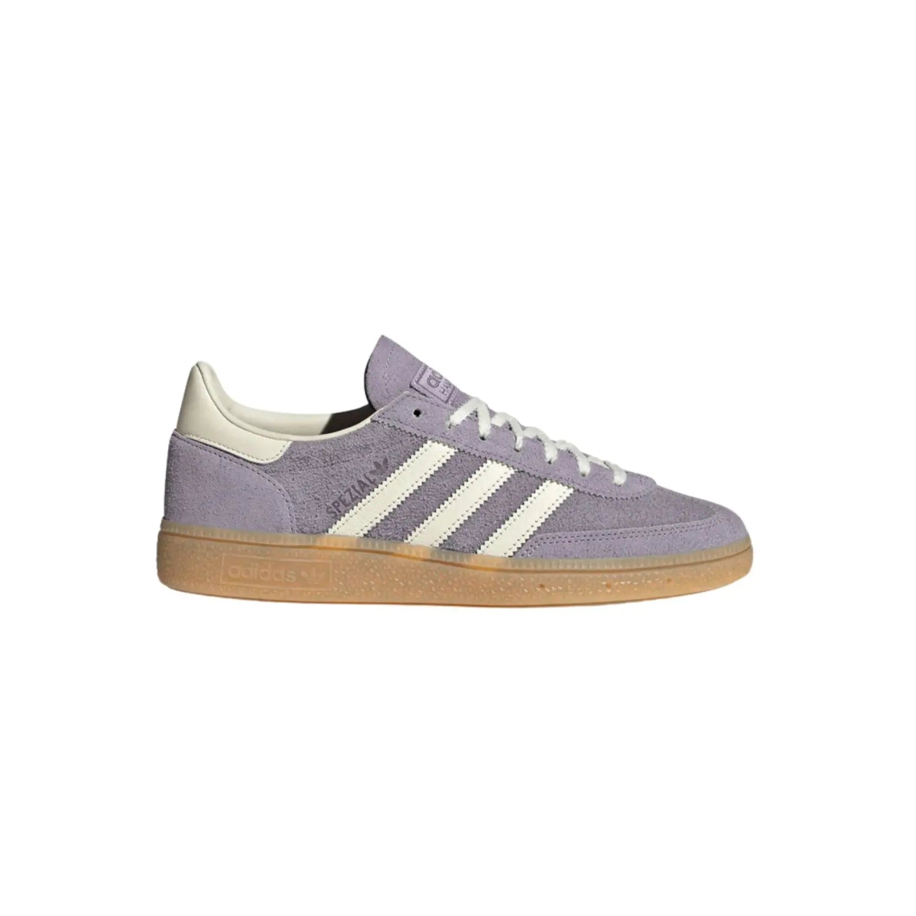 Purple Adidas sneaker with white stripes on a white background