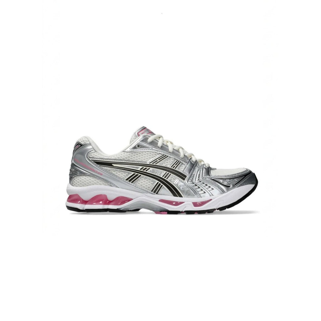 Silver and pink running shoe on a white background