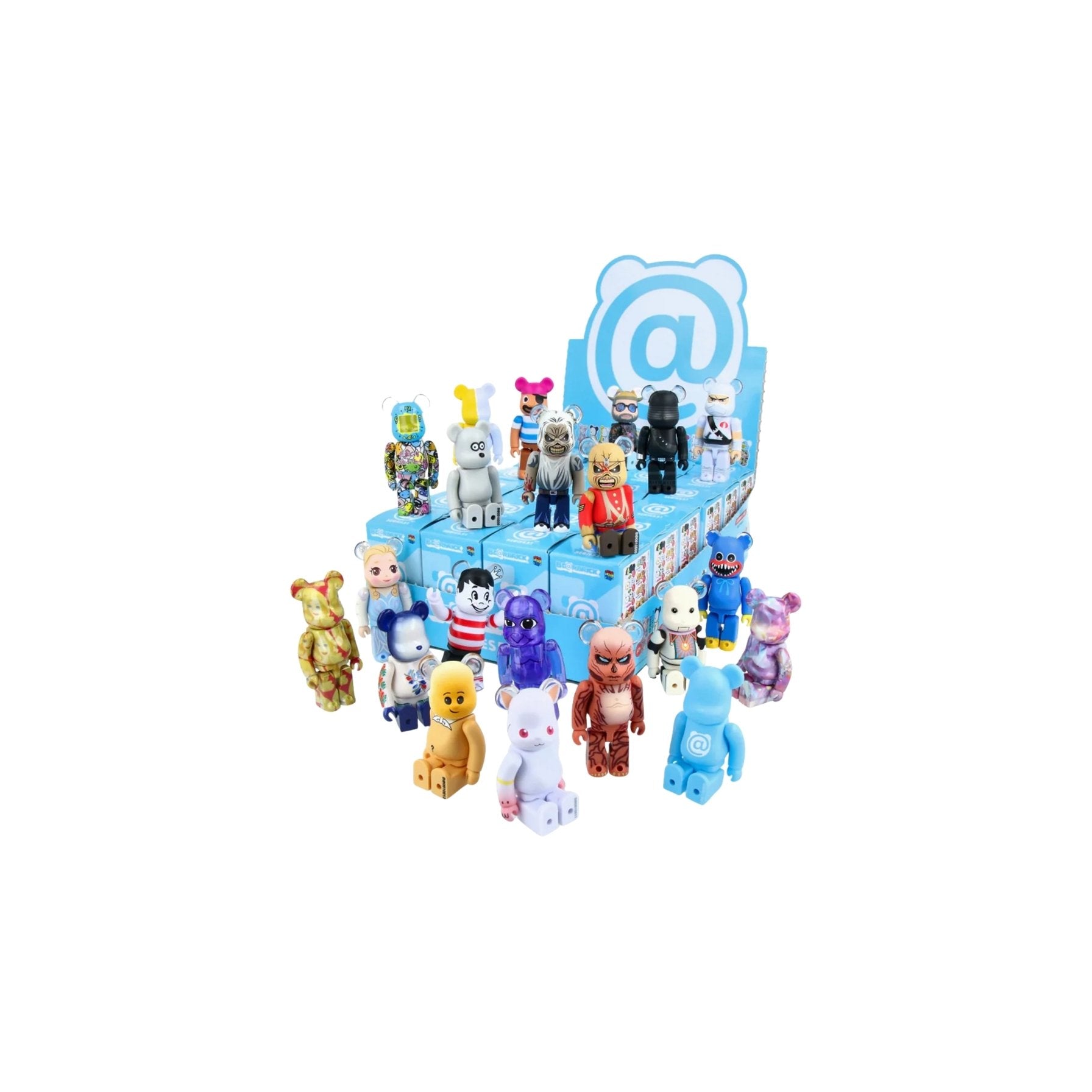 Collection of small figurines in a display box with a blue lid featuring a '@' symbol on a white background.