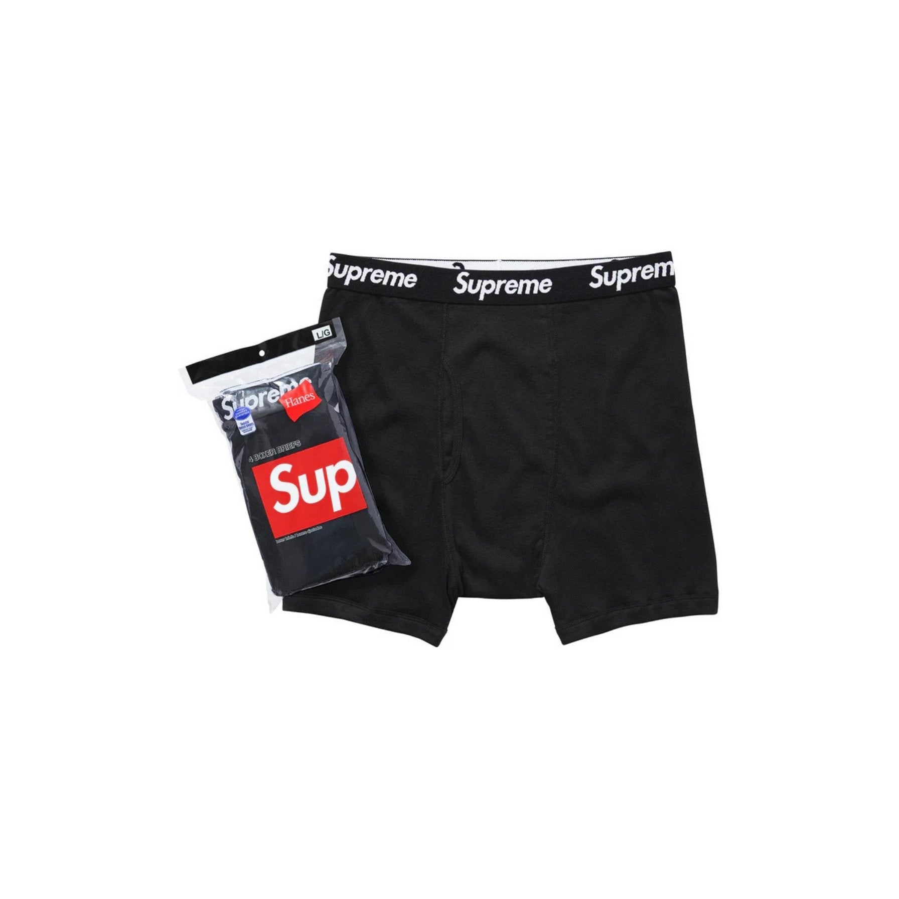 Black boxer briefs with Supreme logo waistband and packaging on a white background