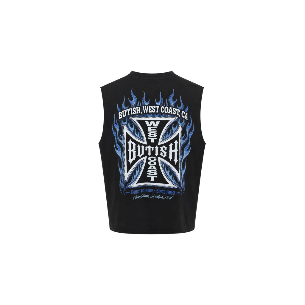 A black sleeveless muscle t-shirt with a large graphic on the back, featuring blue flames, a white and blue Interpol-style cross, and the text 'BUTISH, WEST COAST, CA'.