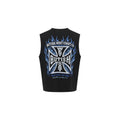 A black sleeveless muscle t-shirt with a large graphic on the back, featuring blue flames, a white and blue Interpol-style cross, and the text 'BUTISH, WEST COAST, CA'.