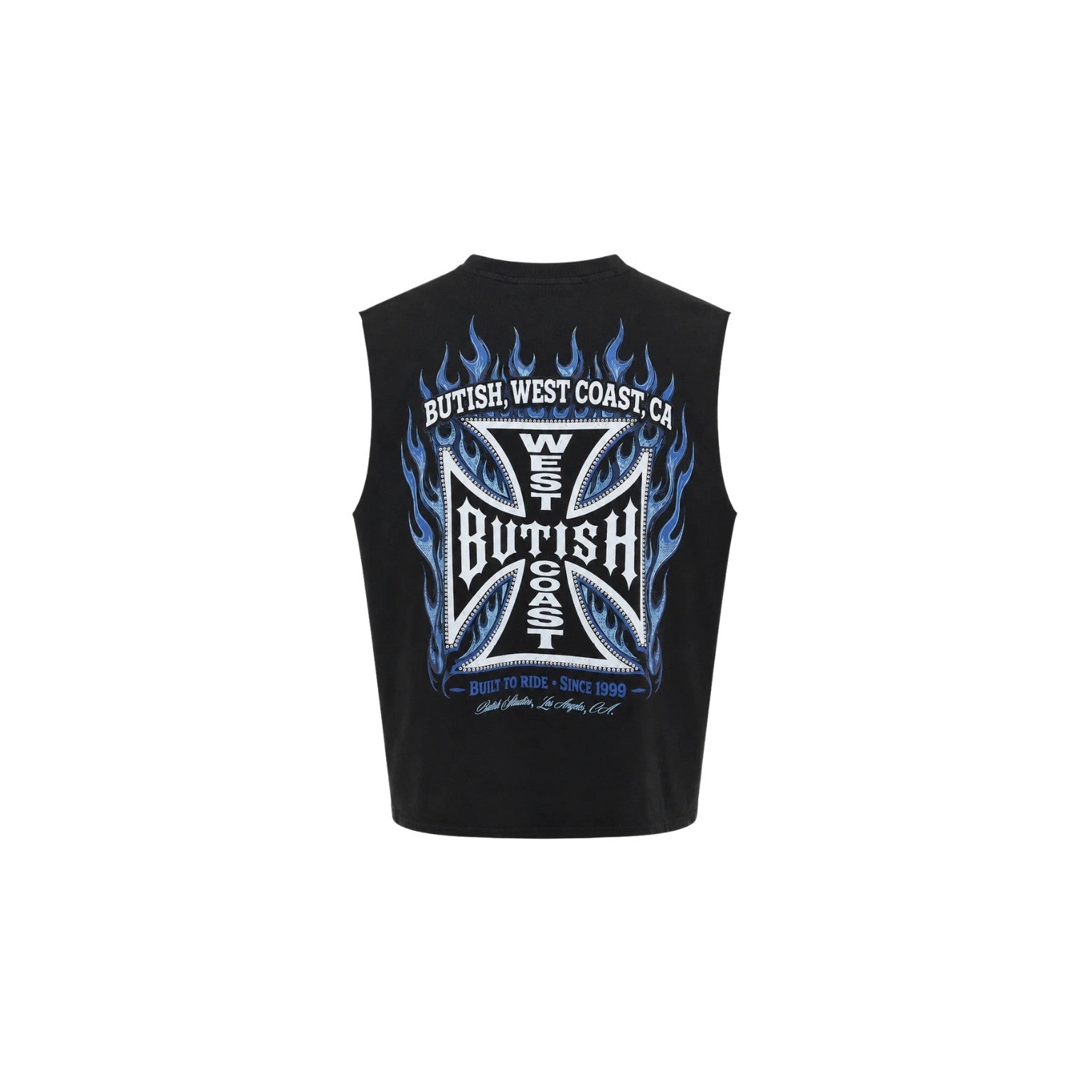 A black sleeveless muscle t-shirt with a large graphic on the back, featuring blue flames, a white and blue Interpol-style cross, and the text 'BUTISH, WEST COAST, CA'.