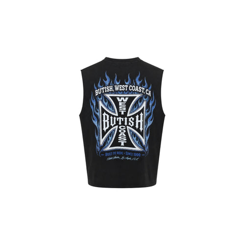 A black sleeveless muscle t-shirt with a large graphic on the back, featuring blue flames, a white and blue Interpol-style cross, and the text 'BUTISH, WEST COAST, CA'.