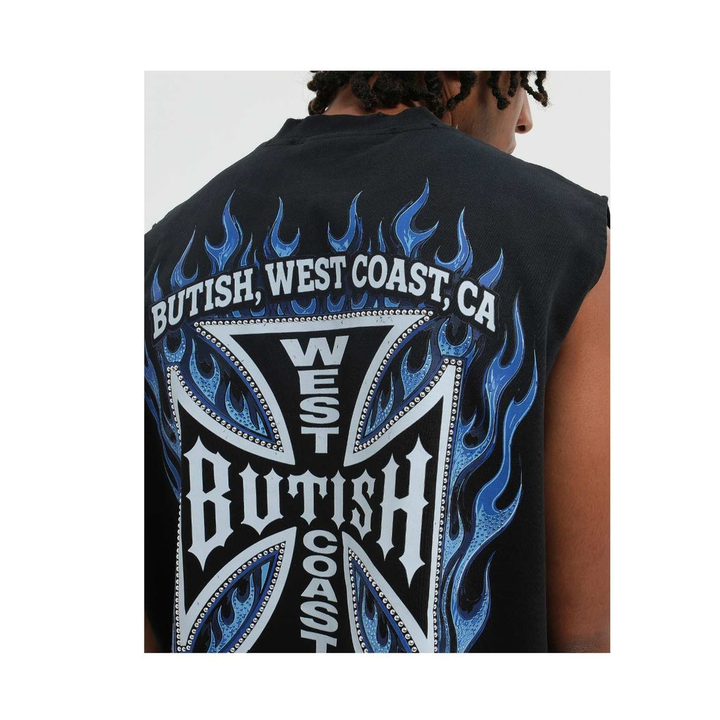 A sleeveless black tank top with a large graphic print on the back, featuring blue flames, a white and black cross, and the text 'BUTISH, WEST COAST, CA' and 'WEST BUTISH COAST'.