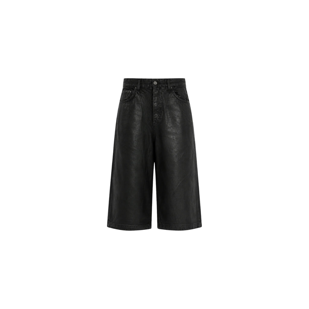 Black wide-leg shorts with a textured leather-like finish, shown flat on a white background.