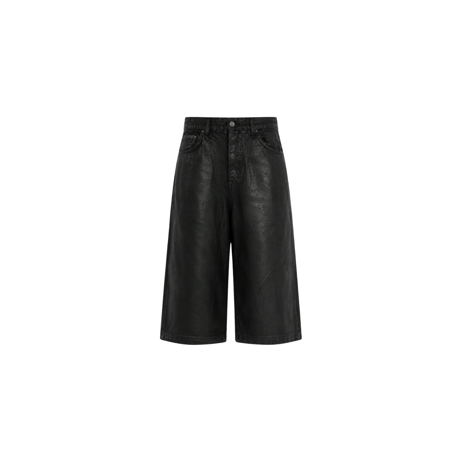 Black wide-leg shorts with a textured leather-like finish, shown flat on a white background.