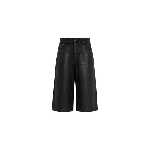 Black wide-leg shorts with a textured leather-like finish, shown flat on a white background.