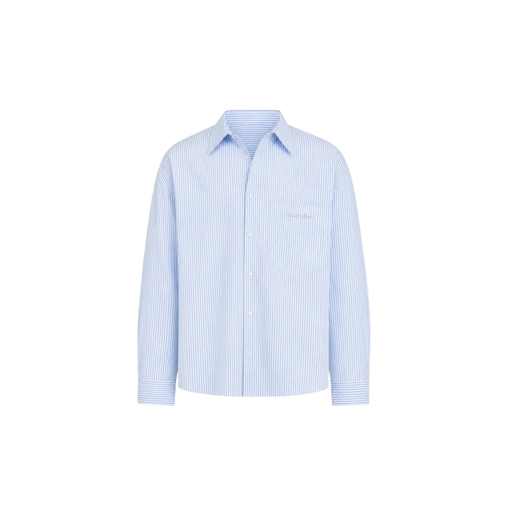 A light blue and white vertically striped long-sleeve button-down shirt with a small pink embroidered logo on the left chest, displayed on a solid white background.