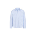 A light blue and white vertically striped long-sleeve button-down shirt with a small pink embroidered logo on the left chest, displayed on a solid white background.