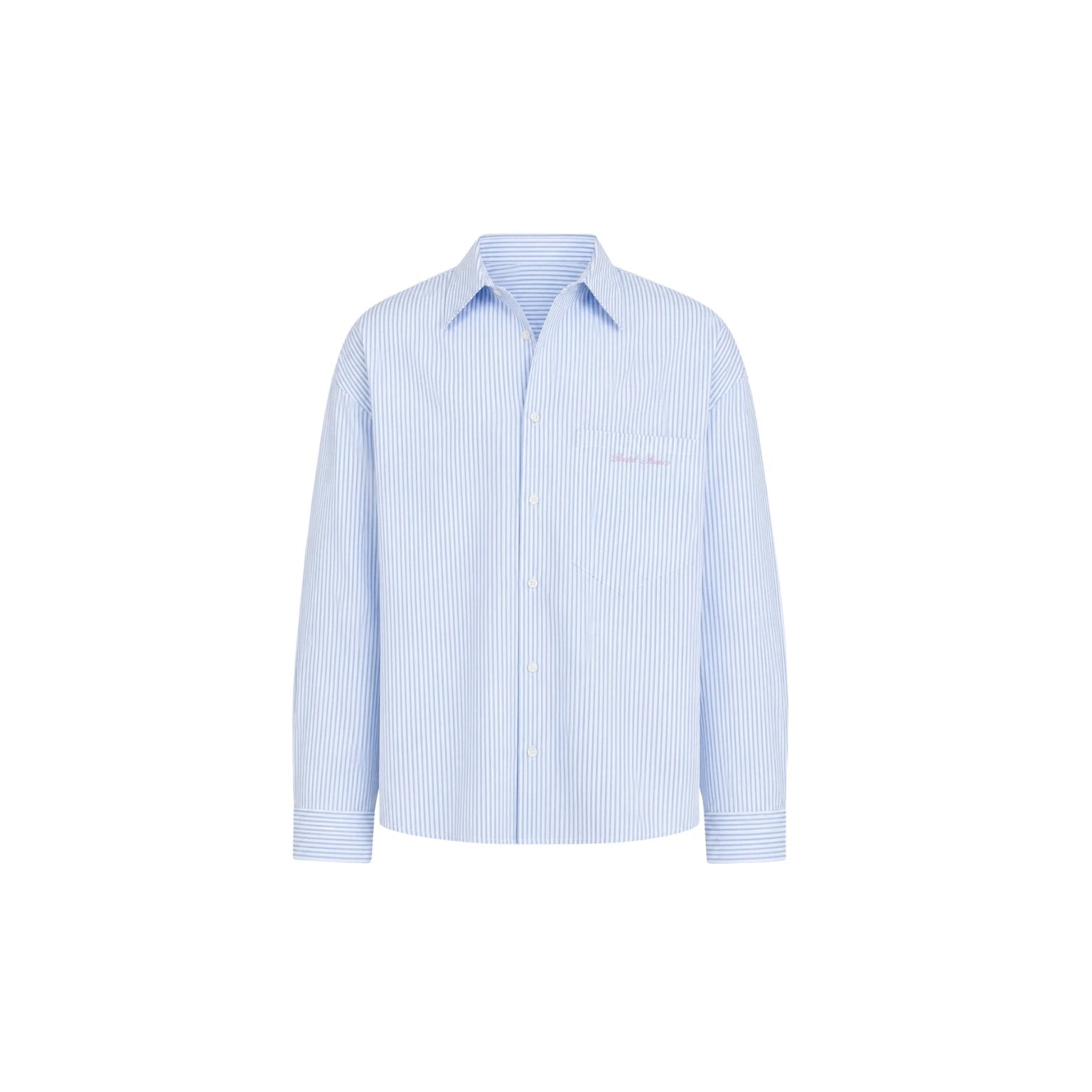 A light blue and white vertically striped long-sleeve button-down shirt with a small pink embroidered logo on the left chest, displayed on a solid white background.