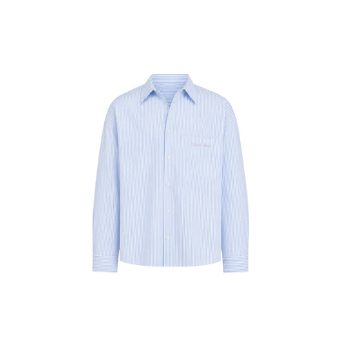 A light blue and white vertically striped long-sleeve button-down shirt with a small pink embroidered logo on the left chest, displayed on a solid white background.