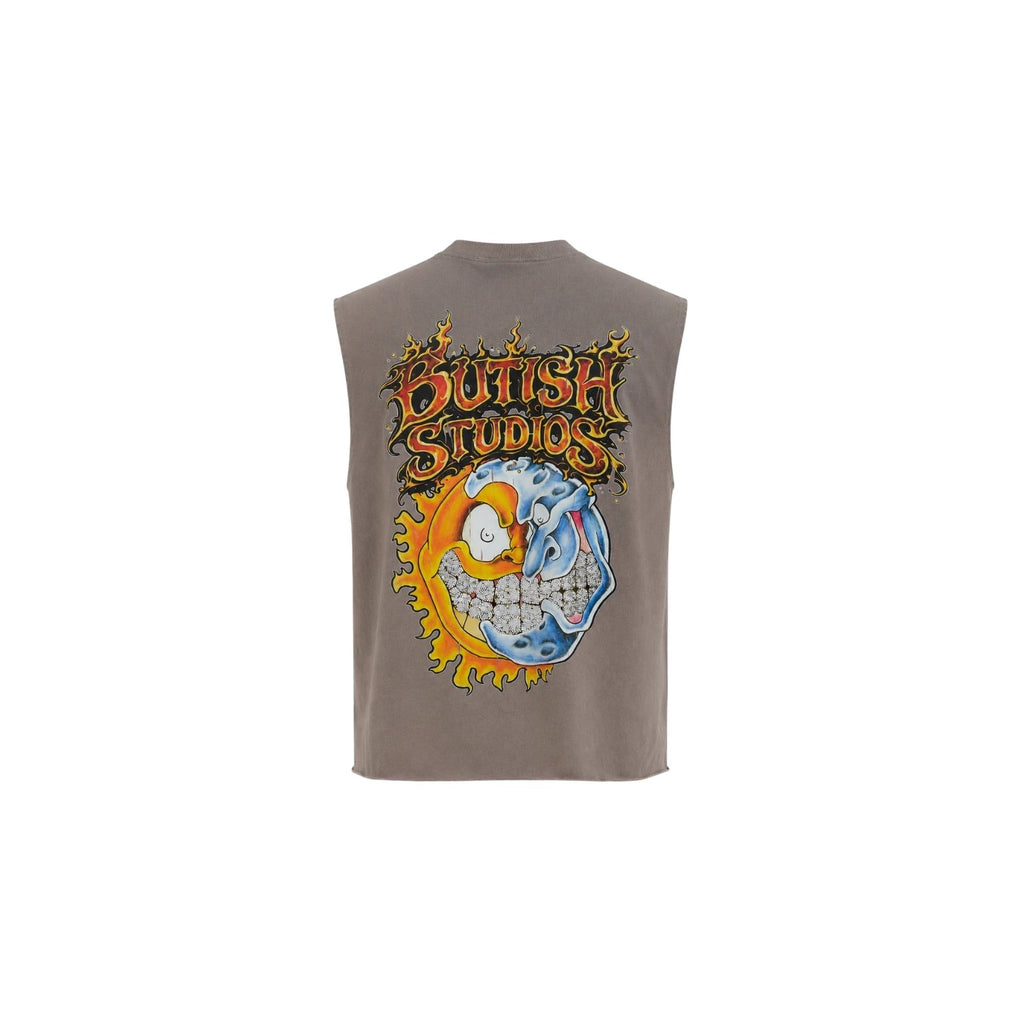 A sleeveless gray t-shirt with a large graphic on the front featuring the text 'Butch Studios' in a stylized orange and yellow font above a split face graphic in blue, yellow, and white.