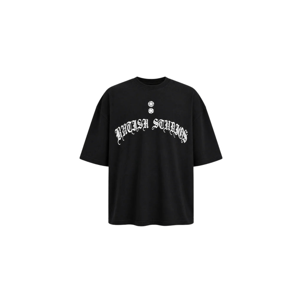 Black t-shirt with white text on a white background