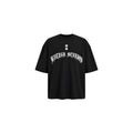 Black t-shirt with white text on a white background