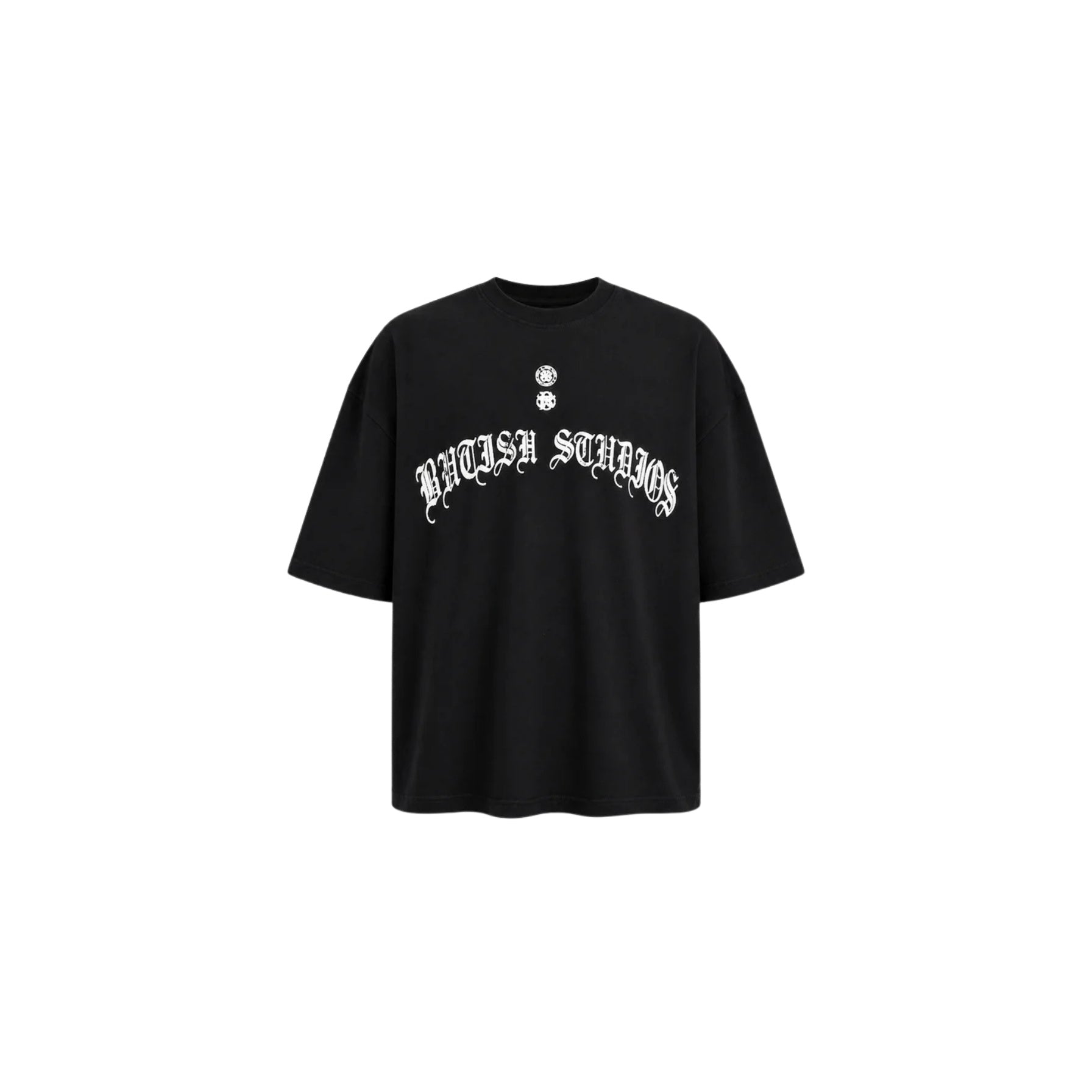 Black t-shirt with white text on a white background
