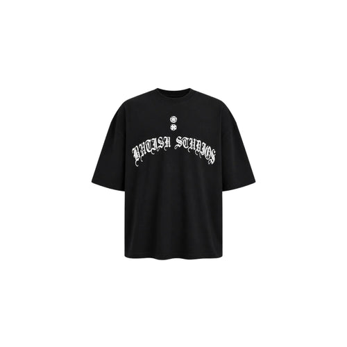 Black t-shirt with white text on a white background
