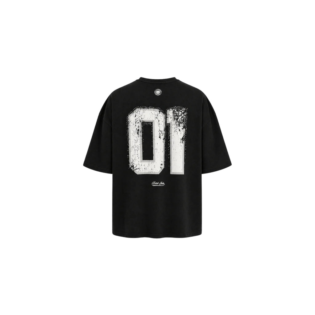 Black t-shirt with white graphic design on a white background