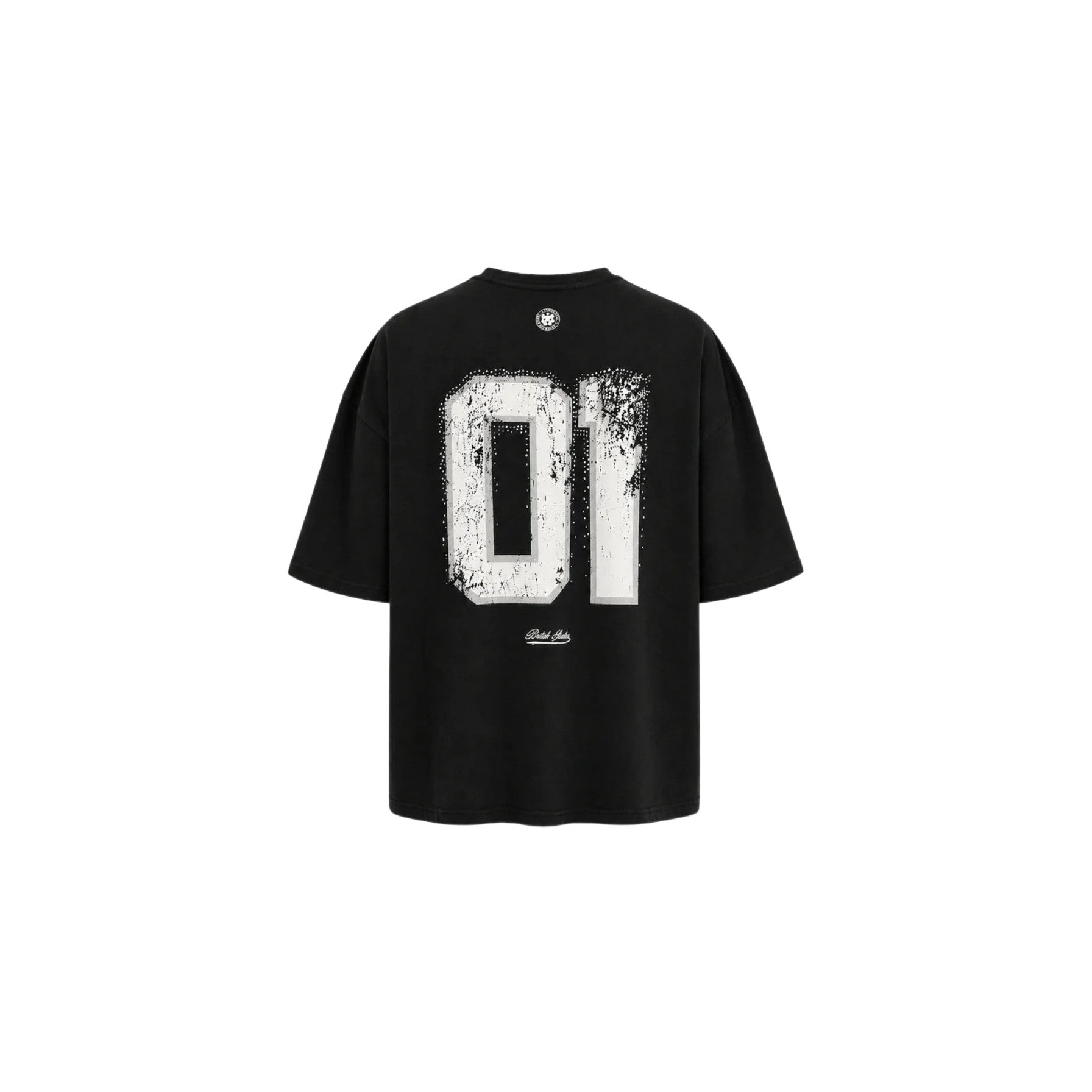 Black t-shirt with white graphic design on a white background