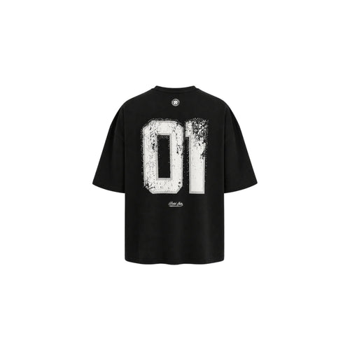 Black t-shirt with white graphic design on a white background