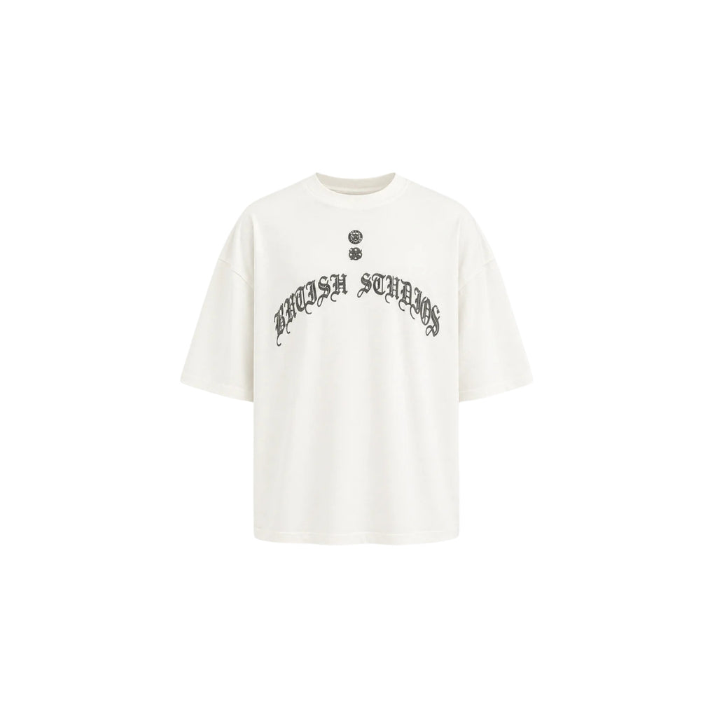 White t-shirt with black text and design on a white background