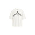 White t-shirt with black text and design on a white background