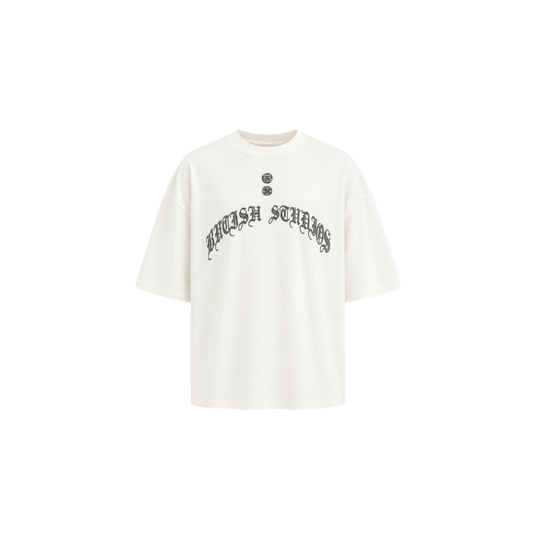White t-shirt with black text and design on a white background