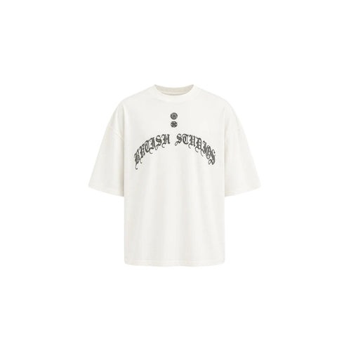 White t-shirt with black text and design on a white background