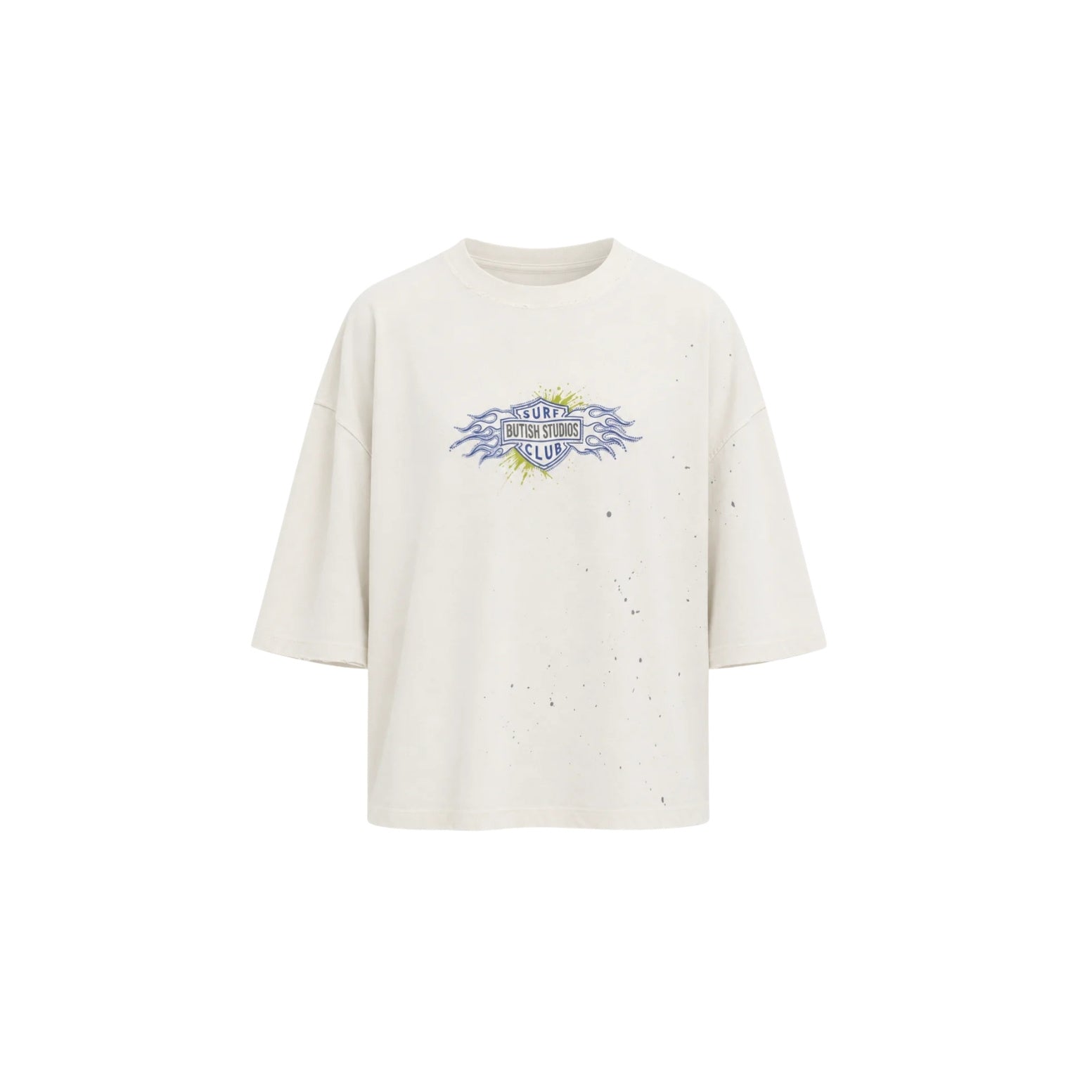 An oversized off-white t-shirt with a distressed, speckled texture and a central graphic print featuring the text 'STUDIES FROM THE BLOOD SHED' in blue and yellow.