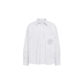 A white long-sleeve button-up shirt with a subtle marbled pattern and a small gray graphic on the left chest pocket, shown against a plain white background.