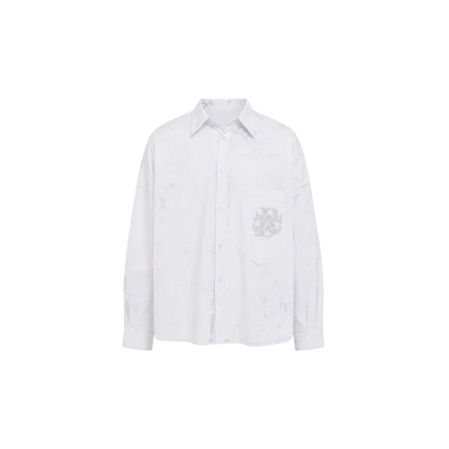 A white long-sleeve button-up shirt with a subtle marbled pattern and a small gray graphic on the left chest pocket, shown against a plain white background.
