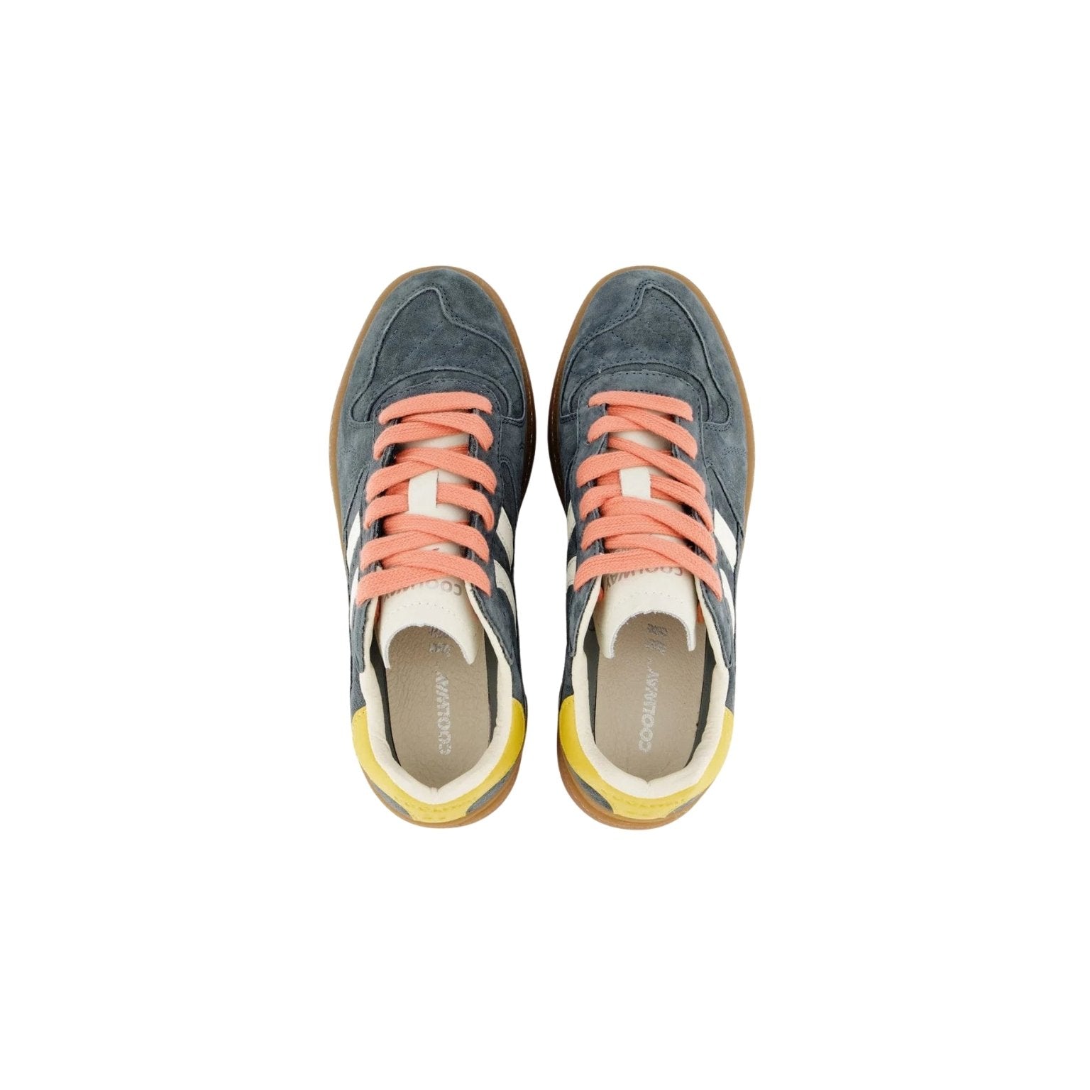 A pair of low-top sneakers shown from a top-down view on a white background. The shoes feature a slate blue suede upper, coral pink laces, white side stripes, a yellow heel tab, and a brown gum sole.