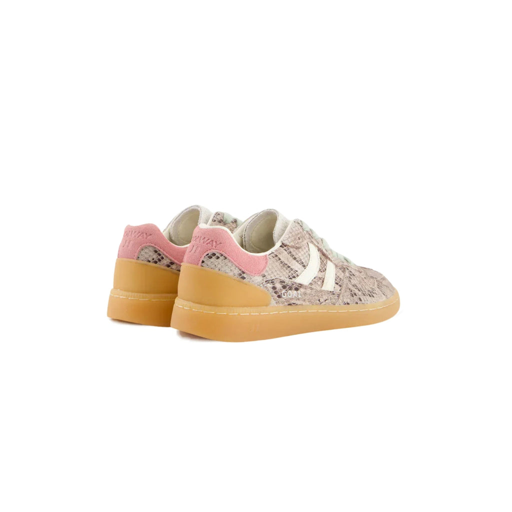 A pair of low-top sneakers featuring a beige and brown snakeskin pattern, light pink heel tabs, white side stripes, and gum soles, shown against a plain white background.