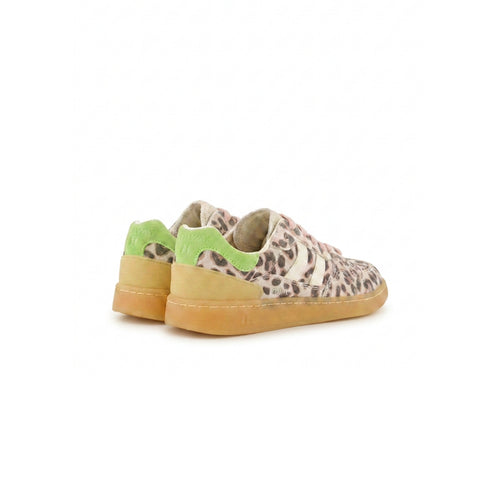 Leopard print sneaker with green accents on a white background