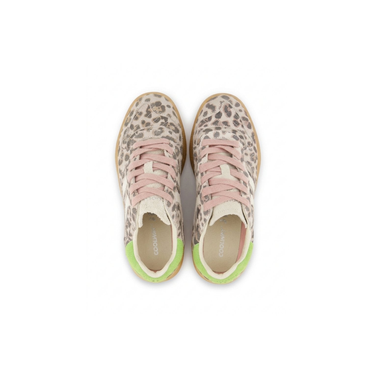 Pair of sneakers with leopard print and pink laces on a white background