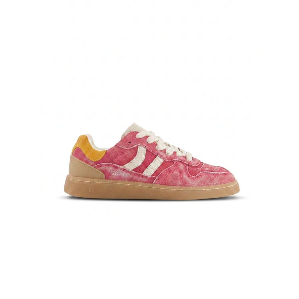 Pink sneaker with white stripes on a white background
