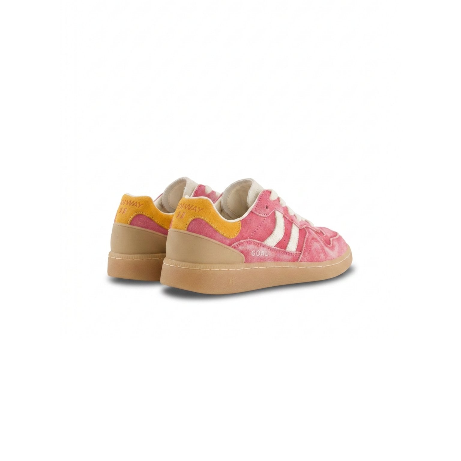 Pink and yellow sneakers with beige soles on a white background