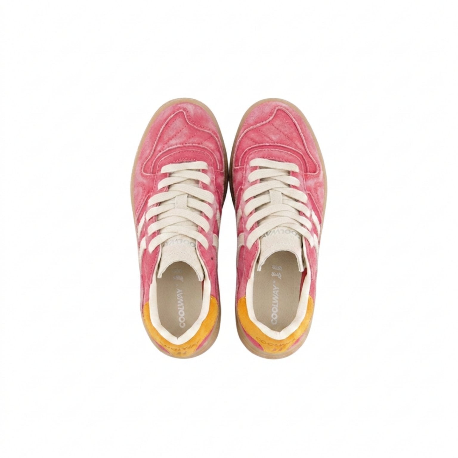 Pink sneakers with white laces on a white background