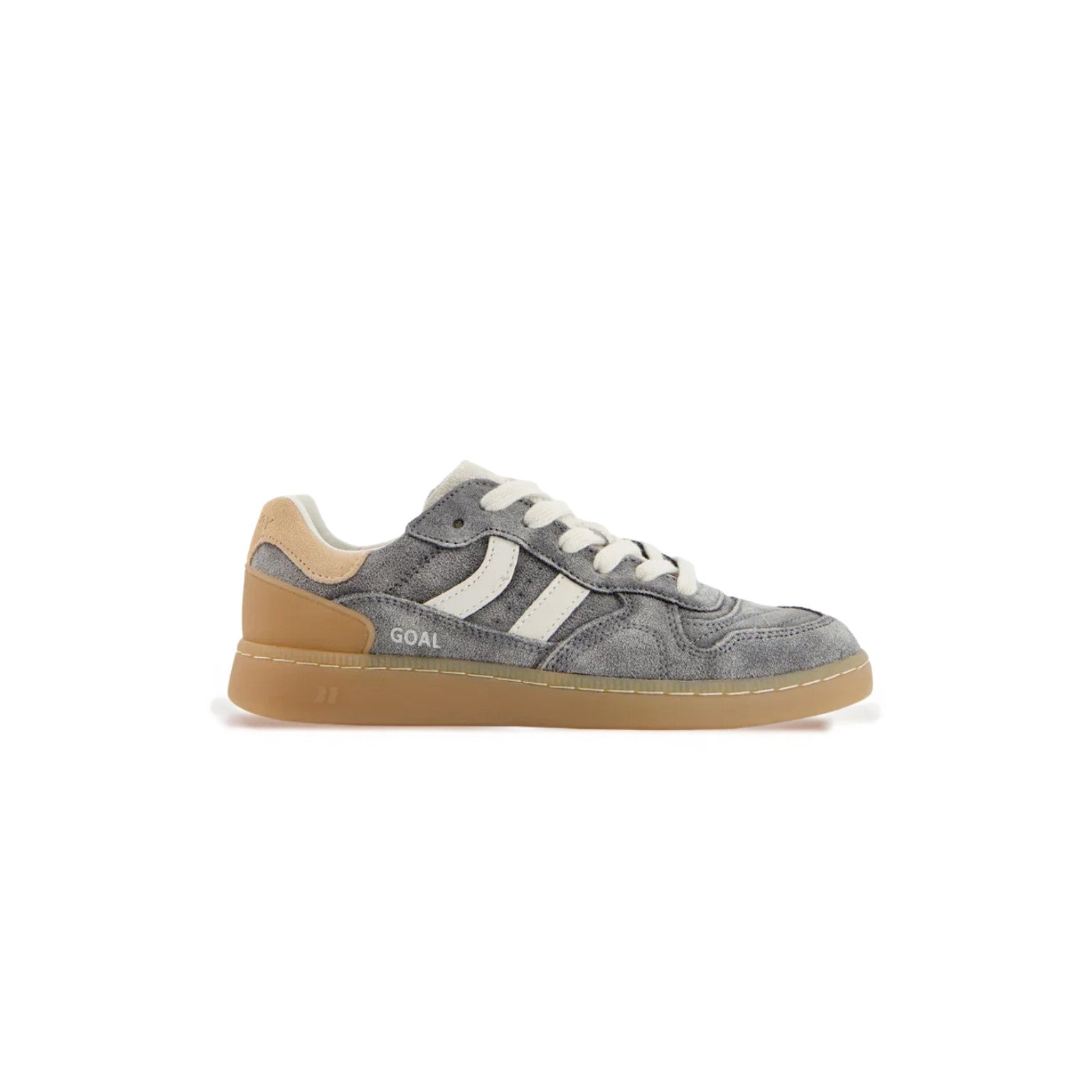 A low-top sneaker in gray suede with off-white stripes, white laces, a tan heel tab, and a gum sole. The side of the shoe features the brand name 'GOAL' in white.