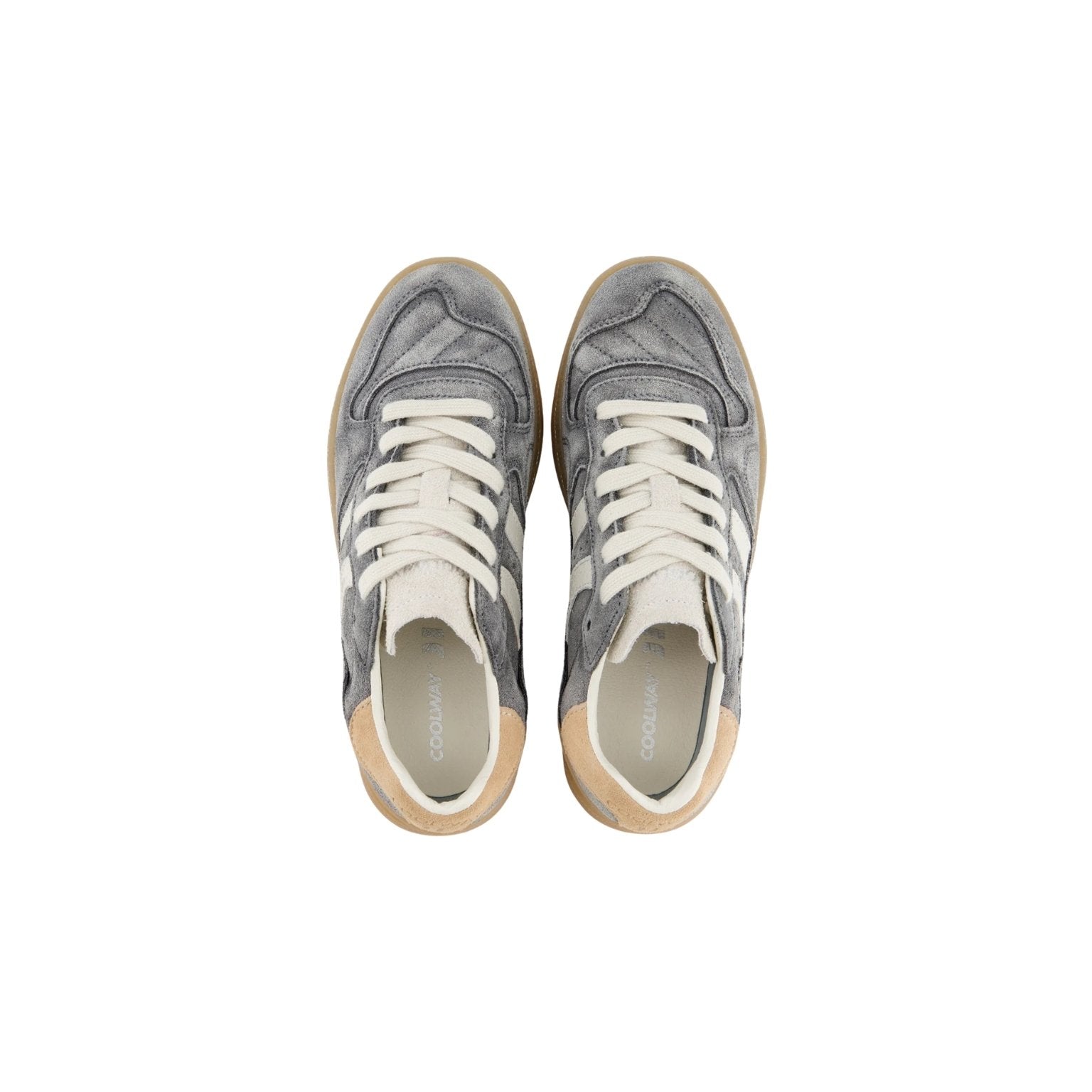 A pair of low-top sneakers shown from a top-down view, featuring a gray suede and leather upper with white laces and a light tan sole.