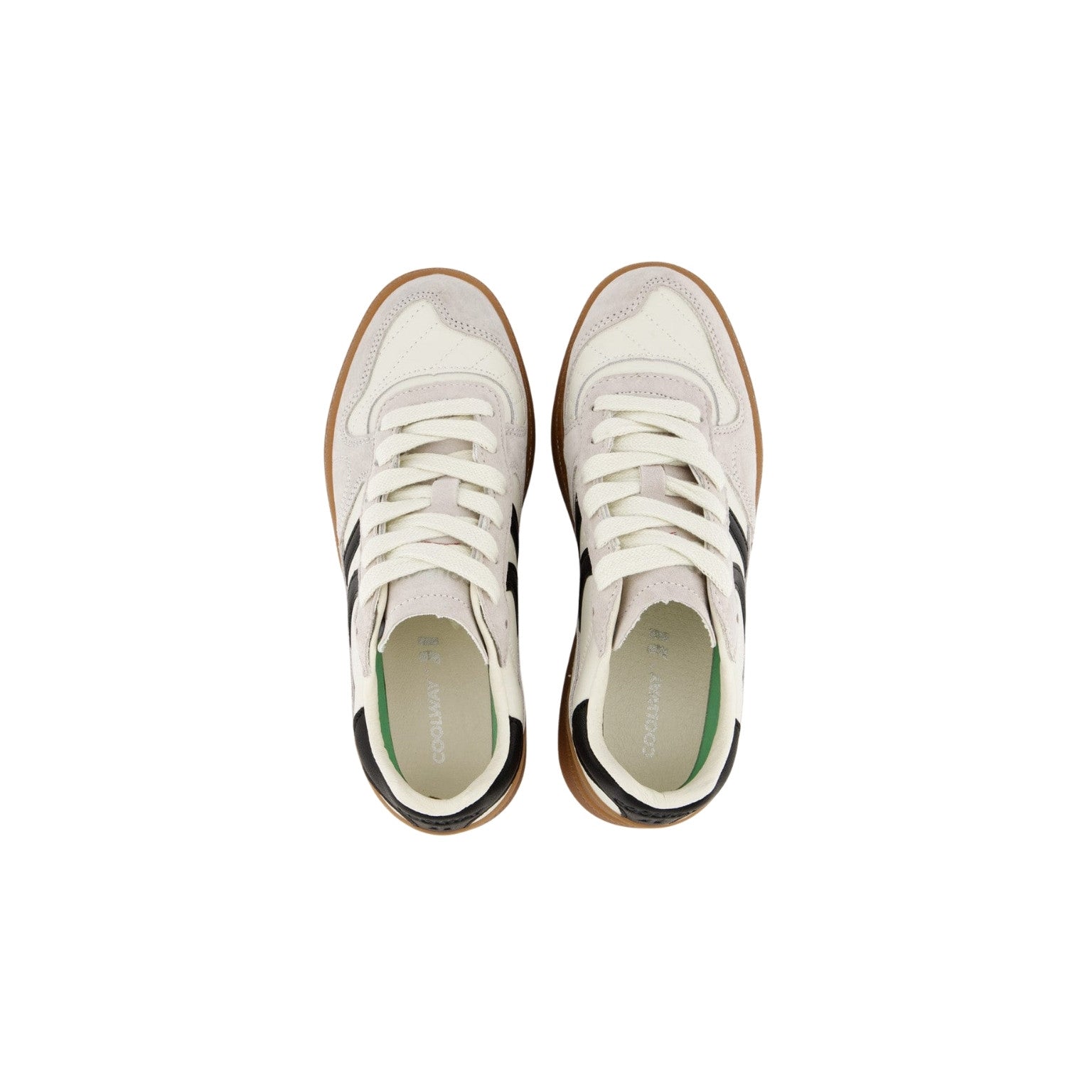 A pair of vintage-style low-top sneakers shown from a top-down view. The shoes feature off-white suede panels, cream laces, a brown gum sole, and black side stripes, with a light green interior lining visible.