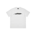White t-shirt with black logo on a white background