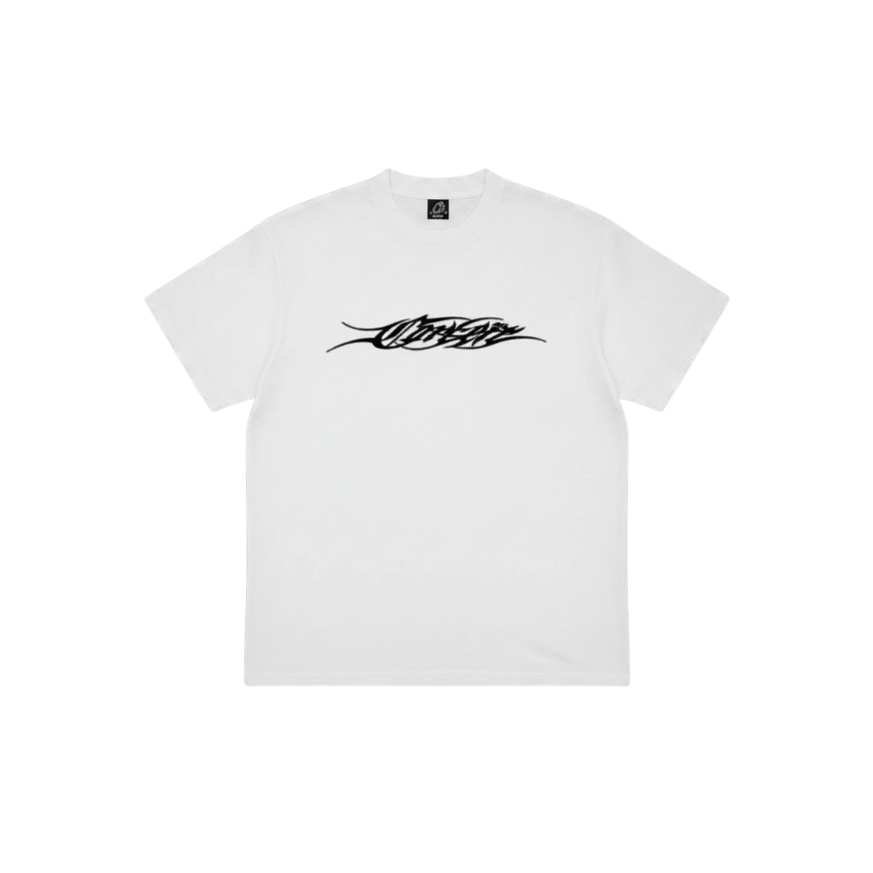 White t-shirt with black logo on a white background