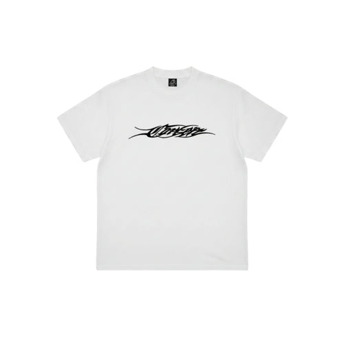 White t-shirt with black logo on a white background