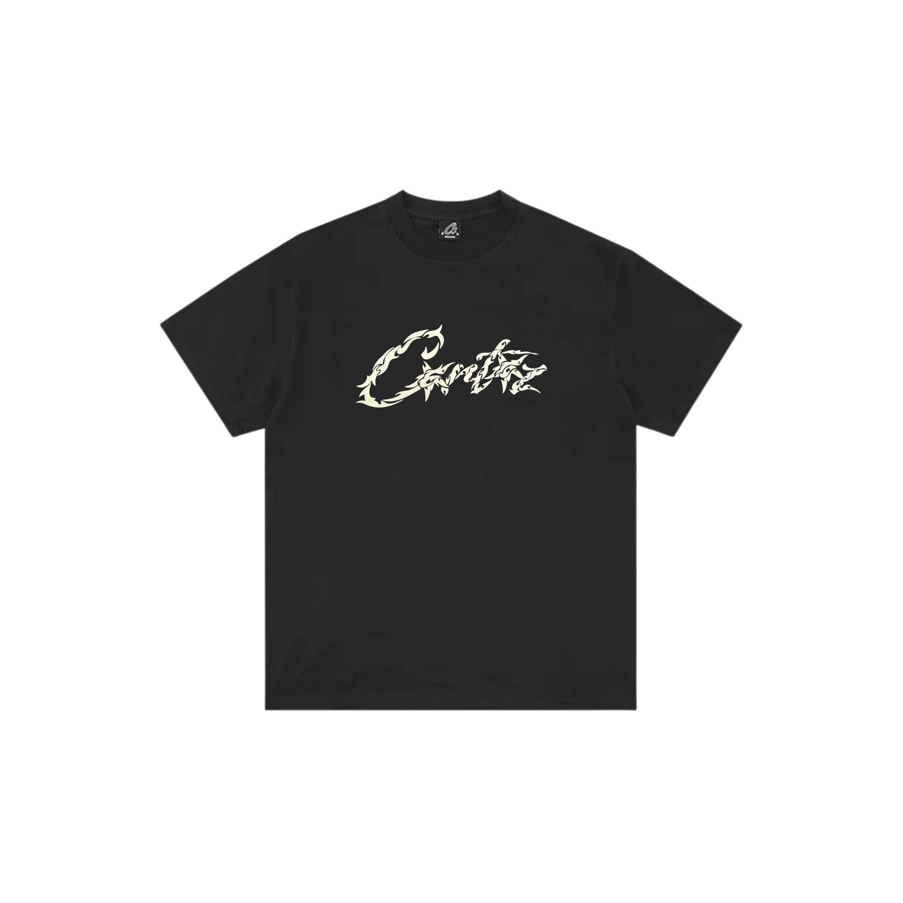 Black t-shirt with white logo on a white background